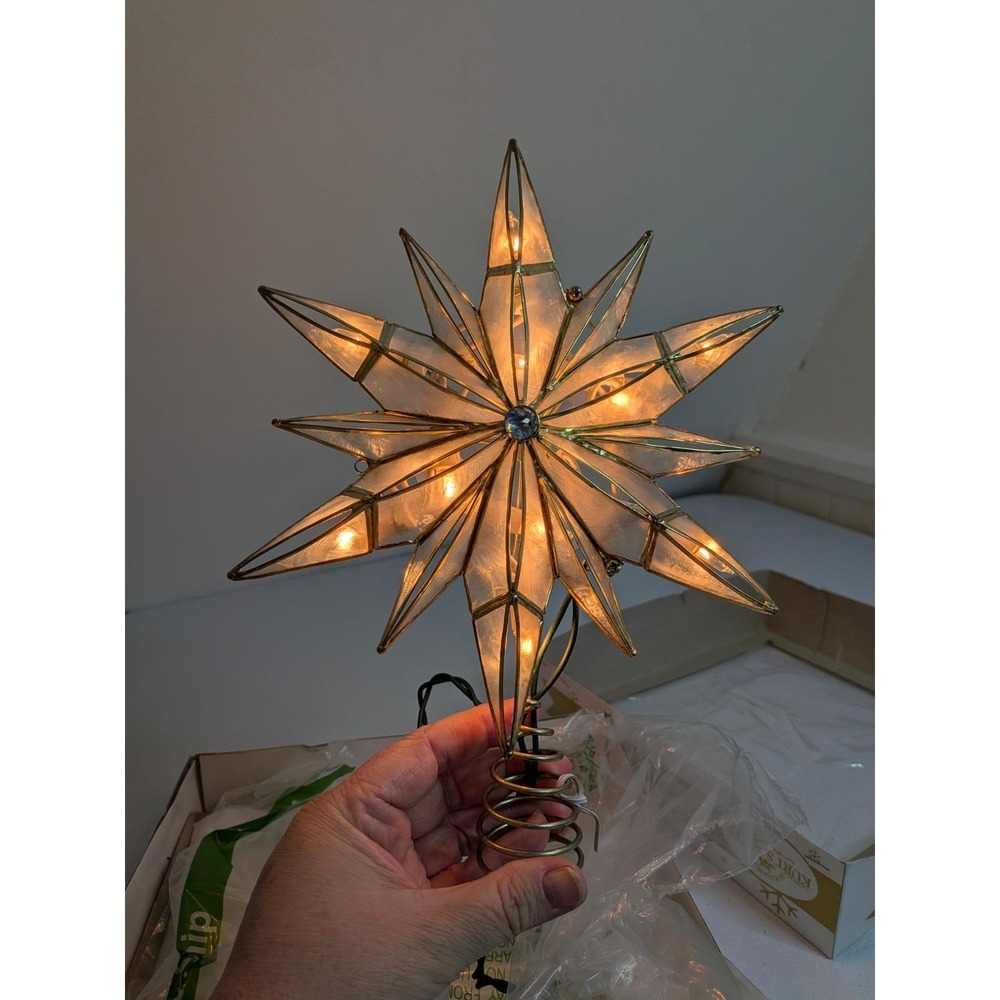 Kurt Adler 10 Light Capiz Star Tree Topper with Clear Gem 10.24 Inches Tall